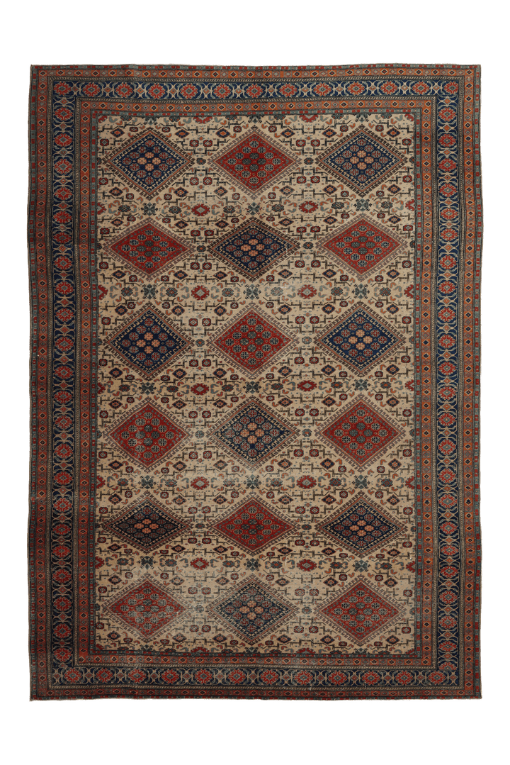 Vintage Kayseri Turkish Area Rug 6x9 ft — Beige & Red Geometric