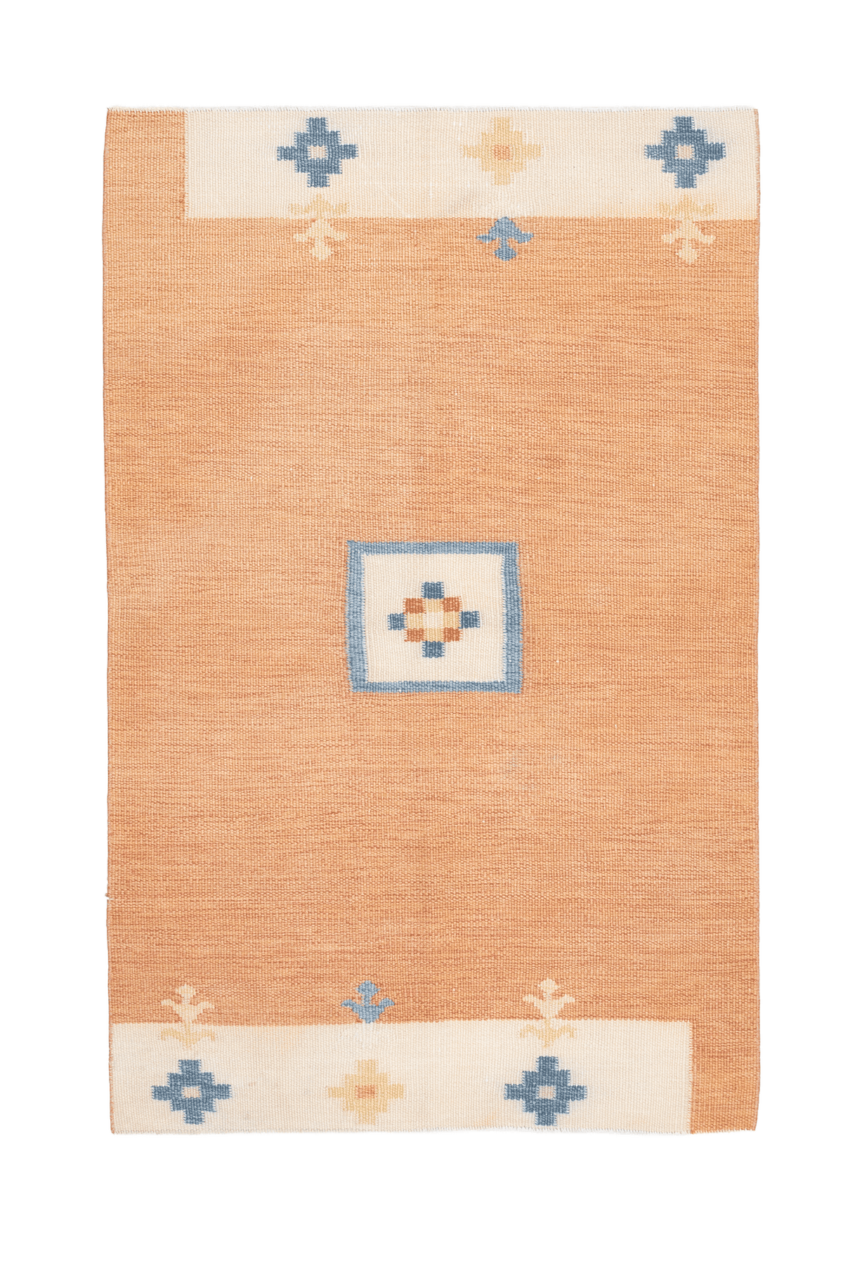 Hand-woven 3x5 ft vintage Turkish flatweave rug in orange and beige with minimalist geometric patterns.