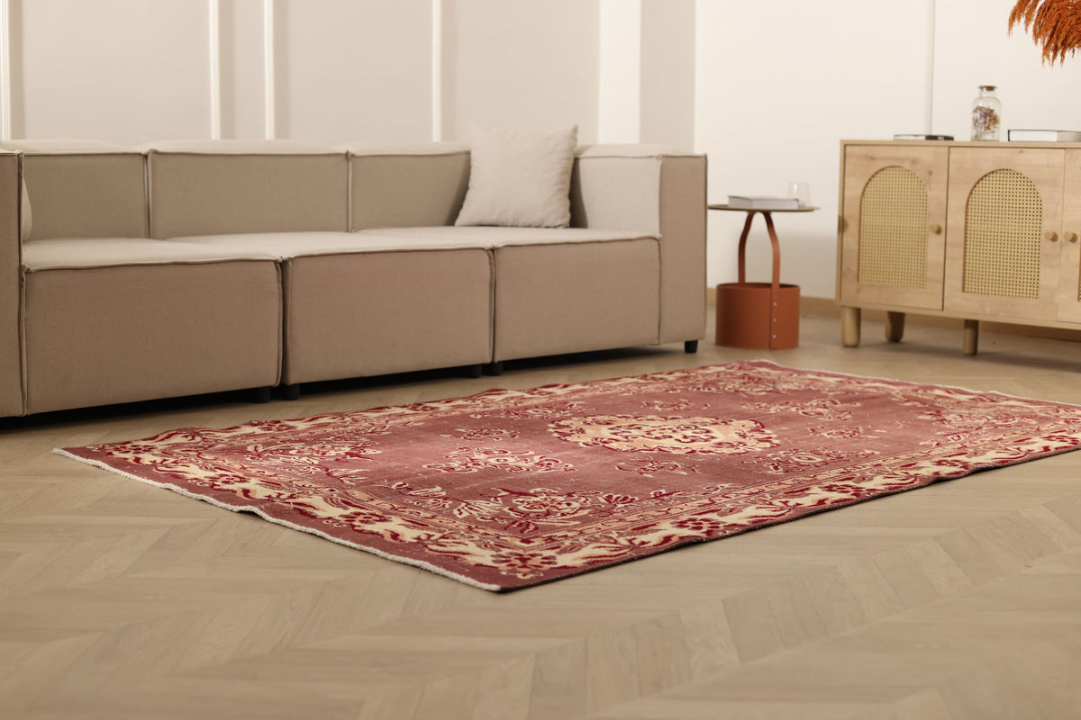 Vintage Isparta Turkish Area Rug 5x8 ft — Red & Beige Floral (No. 55196)