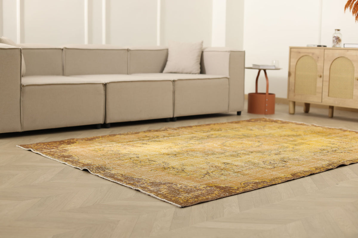 Vintage Isparta Turkish Area Rug 5x8 ft — Yellow Floral