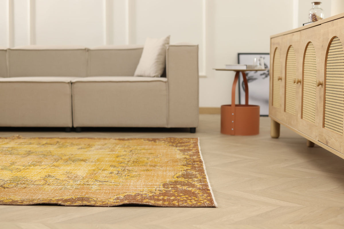Vintage Isparta Turkish Area Rug 5x8 ft — Yellow Floral