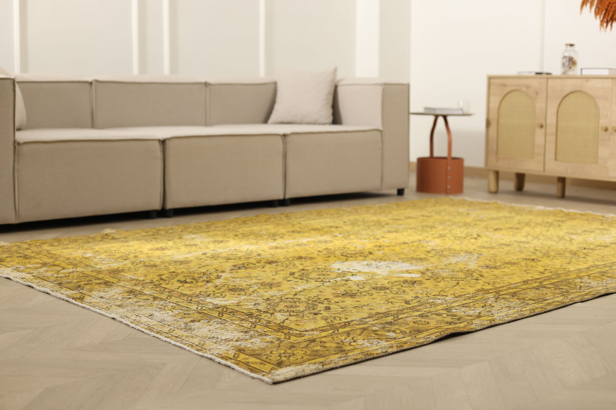 Vintage Isparta Turkish Area Rug 7x10 ft — Yellow Distressed