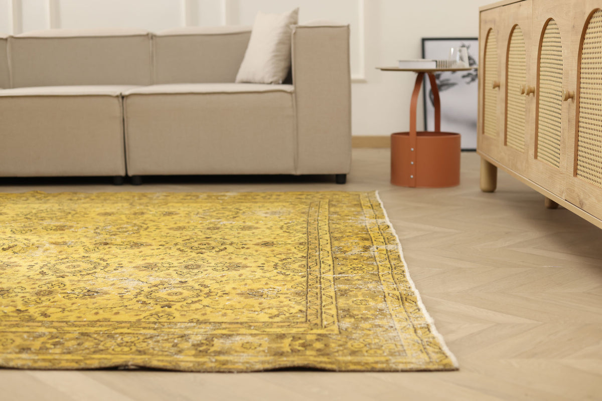 Vintage Isparta Turkish Area Rug 7x10 ft — Yellow Distressed