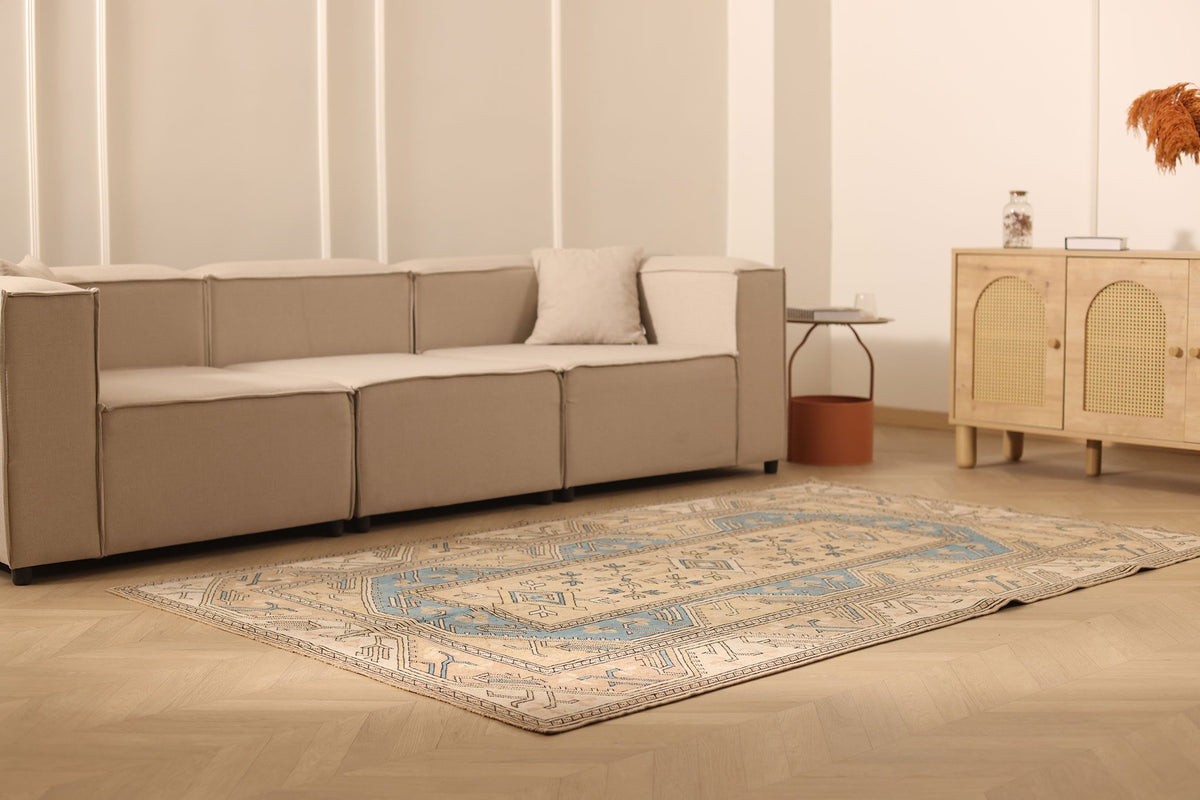 Vintage Muğla Turkish Area Rug 5x8 ft — Beige & Blue Geometric