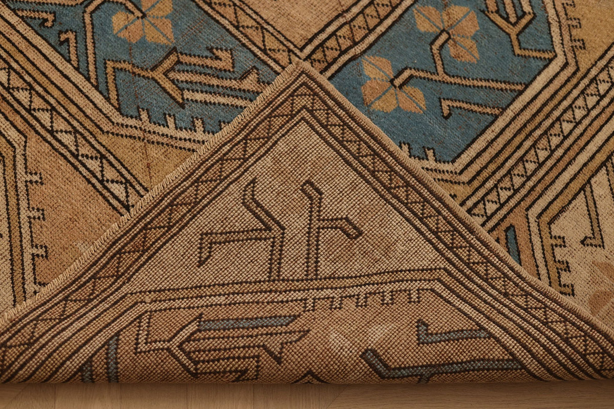 Vintage Muğla Turkish Area Rug 5x8 ft — Beige & Blue Geometric