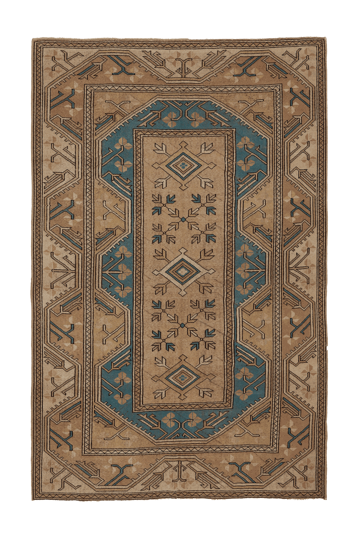 Vintage Muğla Turkish Area Rug 5x8 ft — Beige & Blue Geometric