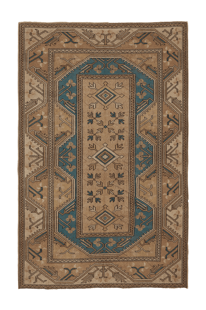 Vintage Muğla Turkish Area Rug 5x8 ft — Beige & Blue Geometric