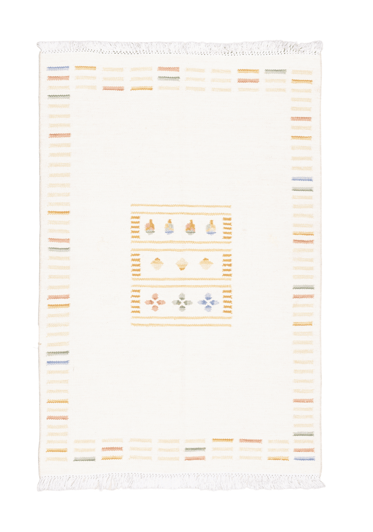 Hand-woven 3x5 ft vintage Turkish flatweave rug in beige and brown with minimalist striped patterns and fringe detail.