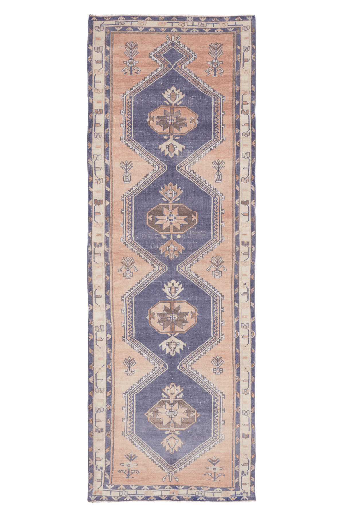 Handwoven 4x12 ft vintage Turkish runner rug in orange and navy with geometric tribal patterns and wool-cotton blend.