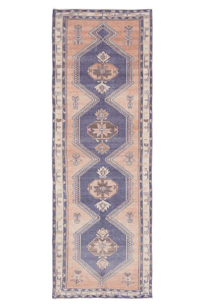 Vintage Malatya Turkish Runner Rug 4x12 ft — Orange & Navy Geometric
