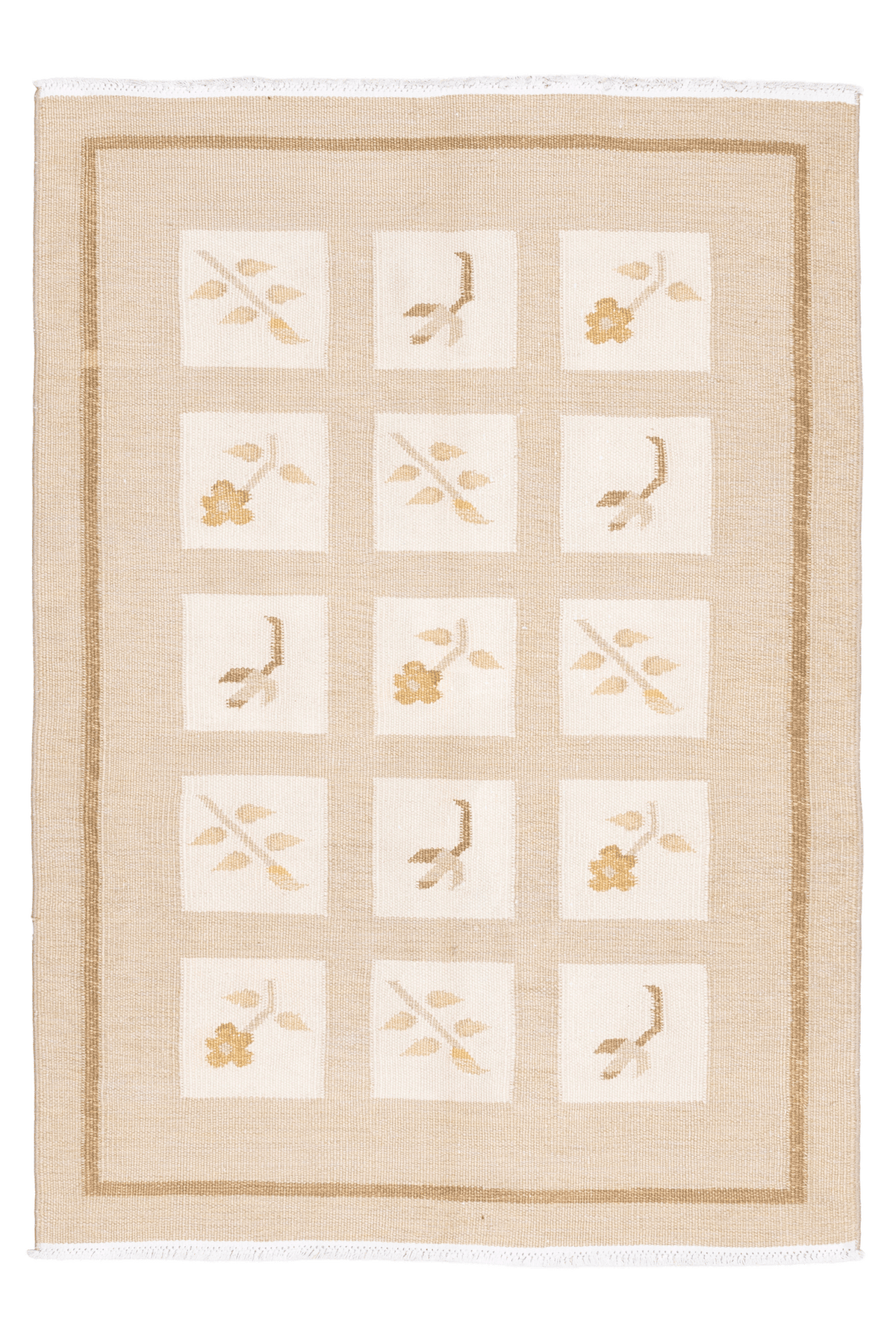 4x5 ft vintage Turkish wool and cotton rug in beige and brown with a minimalist floral grid pattern.
