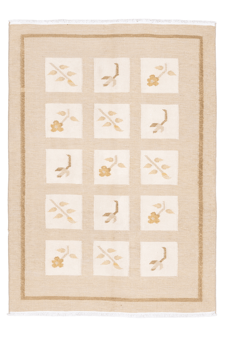 Vintage Turkish Area Rug 4x5 ft — Beige & Brown Floral