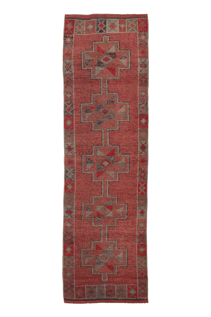 Vintage Southeastern Persian Style Runner Rug 3x11 ft — Red & Brown Geometric