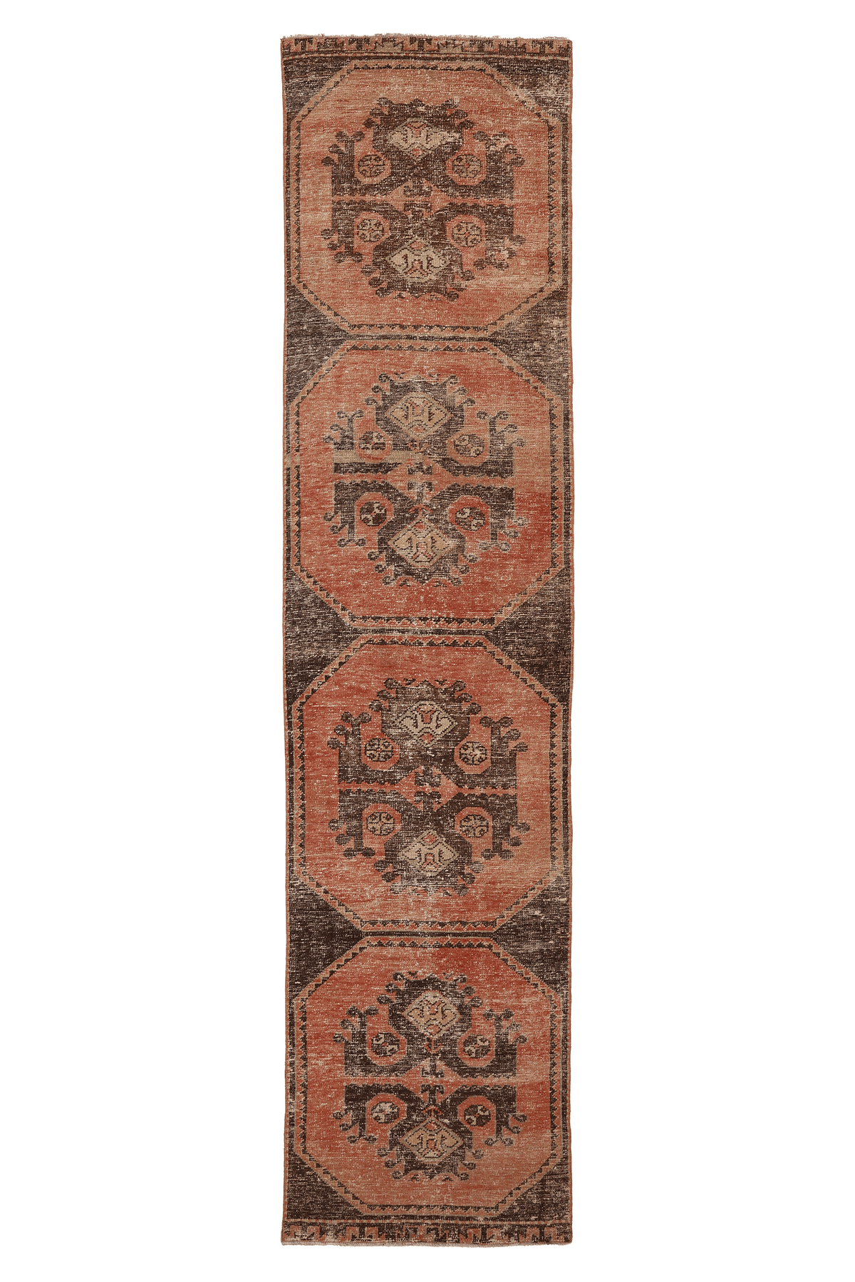 Vintage Malatya Turkish Runner Rug 2x11 ft — Brown & Red Geometric