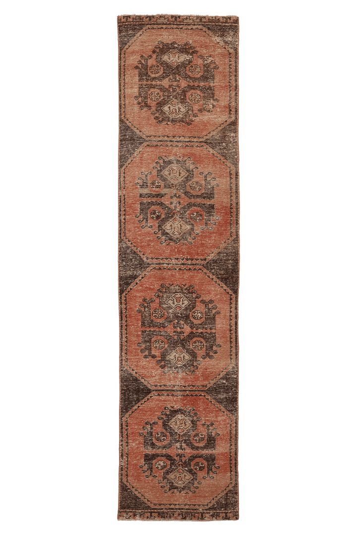 Vintage Malatya Turkish Runner Rug 2x11 ft — Brown & Red Geometric