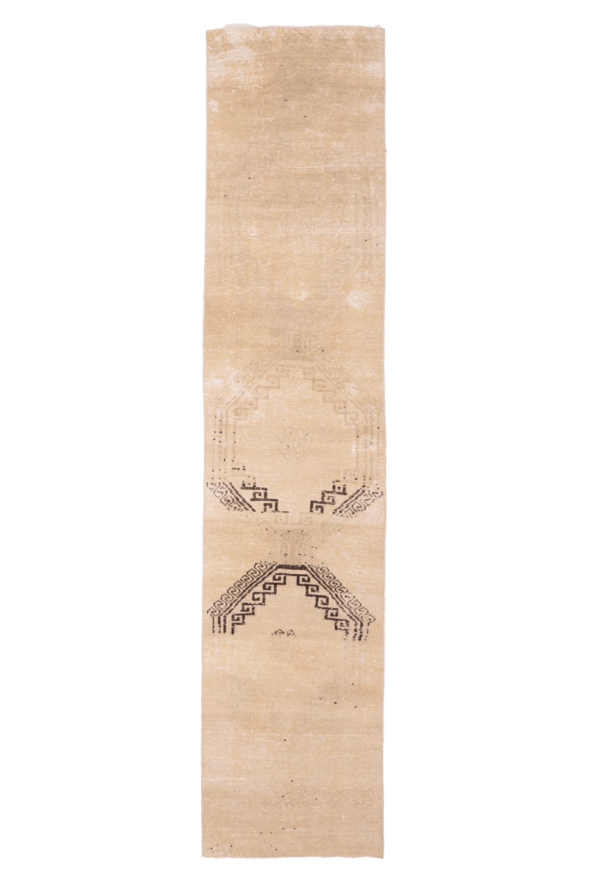 Hand-woven 2x11 ft vintage Turkish runner rug in beige and brown wool with geometric patterns.