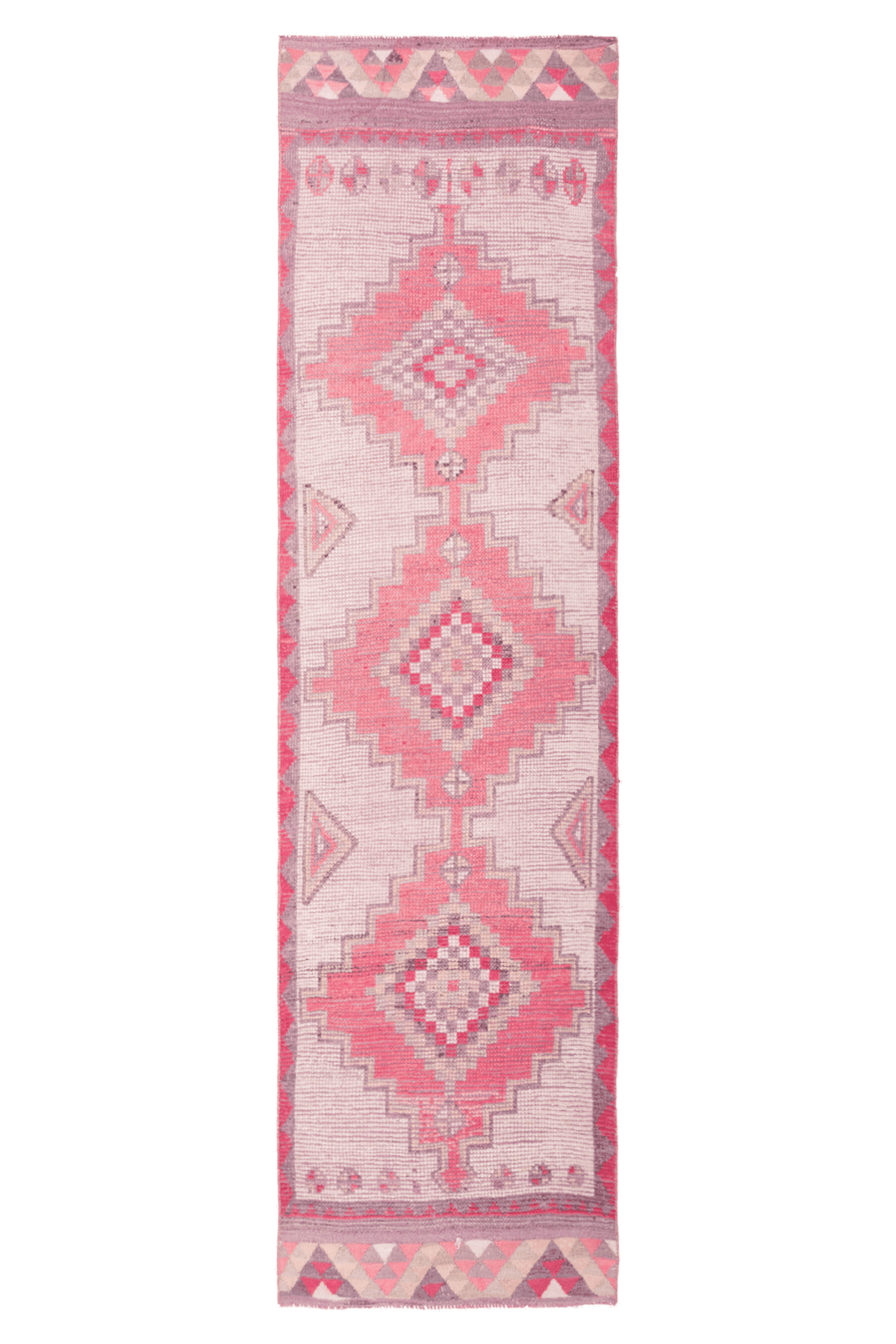 Handmade pink and white Persian-style wool-cotton runner rug with geometric patterns, 2.8 x 9.7 ft.