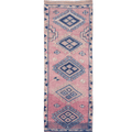 Handmade 3.5x10ft pink and navy wool-cotton runner rug with geometric bohemian patterns.