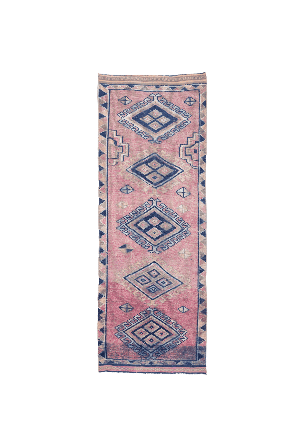 Handmade 3.5x10ft pink and navy wool-cotton runner rug with geometric bohemian patterns.