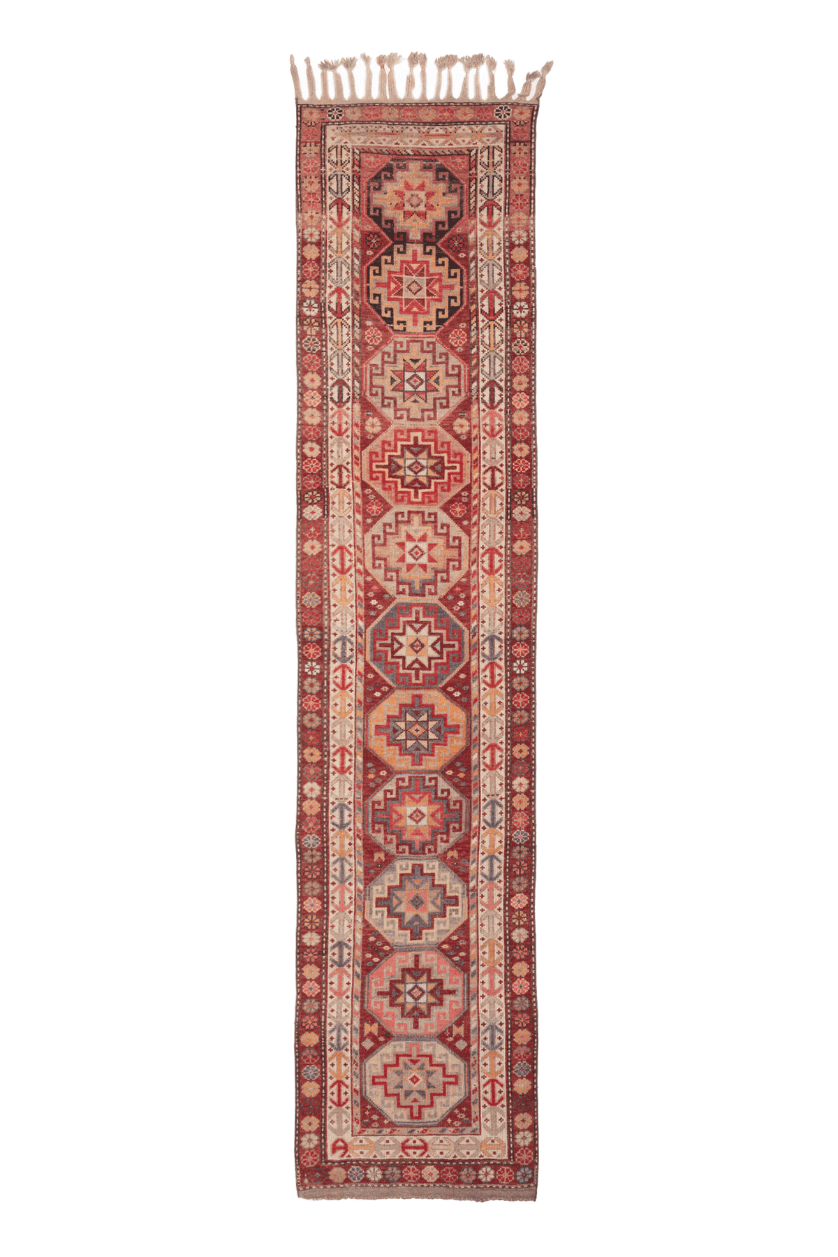 Handmade 2.9x12.5 ft wool and cotton Persian-style runner rug with red, brown, and geometric floral patterns.
