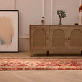Handmade 2.9x12.5 ft wool and cotton Persian-style runner rug in red and brown with geometric floral patterns.