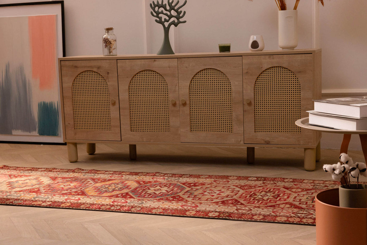 Handmade 2.9x12.5 ft Persian-style runner rug in red and brown wool-cotton blend with bohemian geometric patterns.