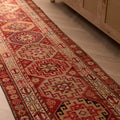 Handmade 2.9x12.5ft wool and cotton runner rug featuring red and brown geometric floral patterns in a bohemian style.