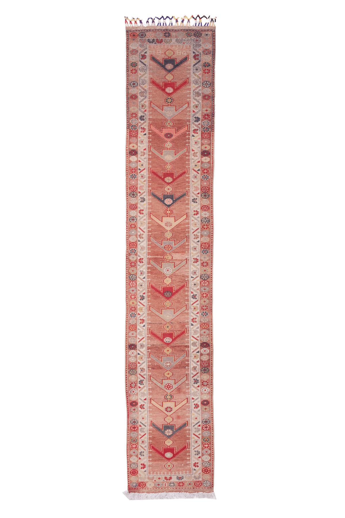 Handmade 2.5x13.4 ft wool and cotton runner rug in brown and beige with geometric, floral, and bohemian patterns.