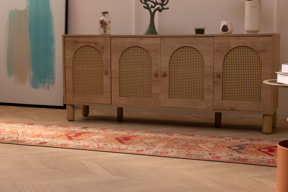 Handmade 2.5x13.4 ft wool and cotton Persian-style runner in brown and beige with a bohemian geometric floral pattern.