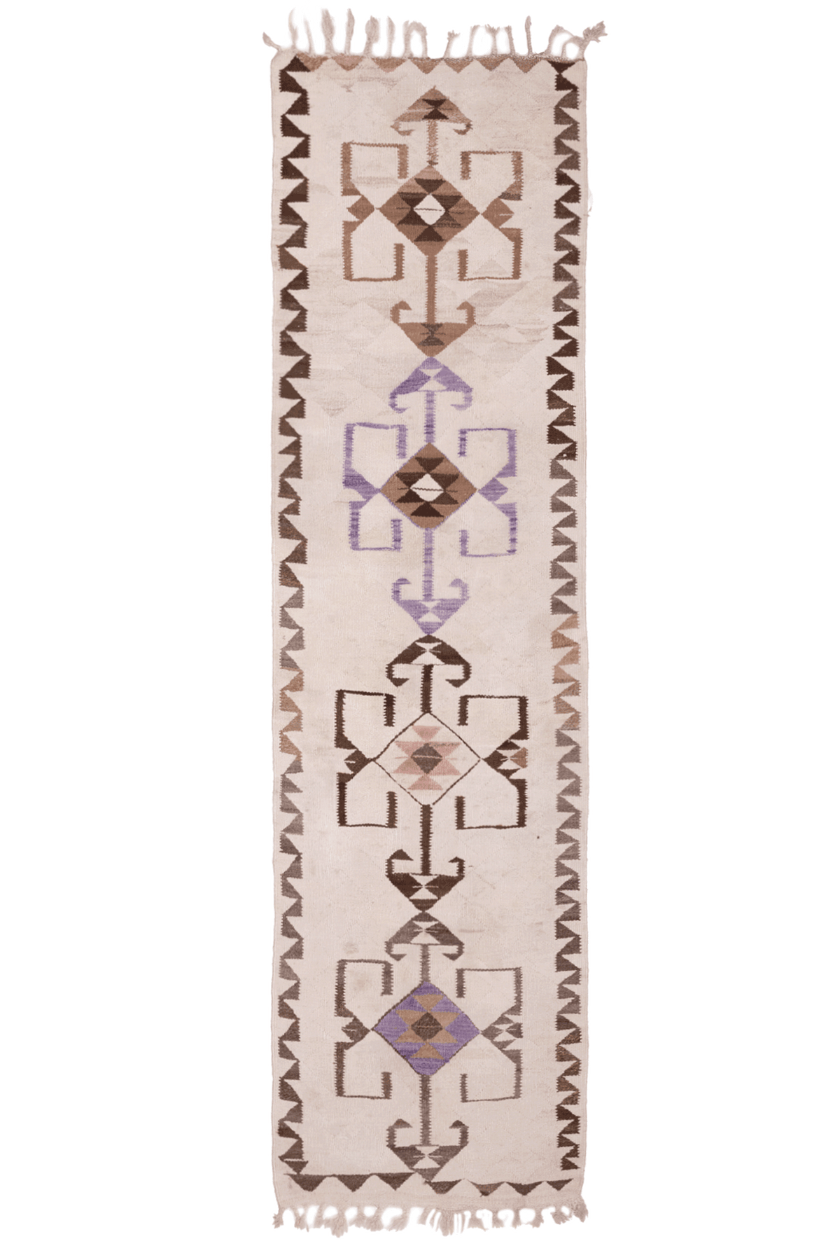Handmade 3x11 ft Persian-style wool and cotton kilim runner with white, brown, and purple geometric patterns.