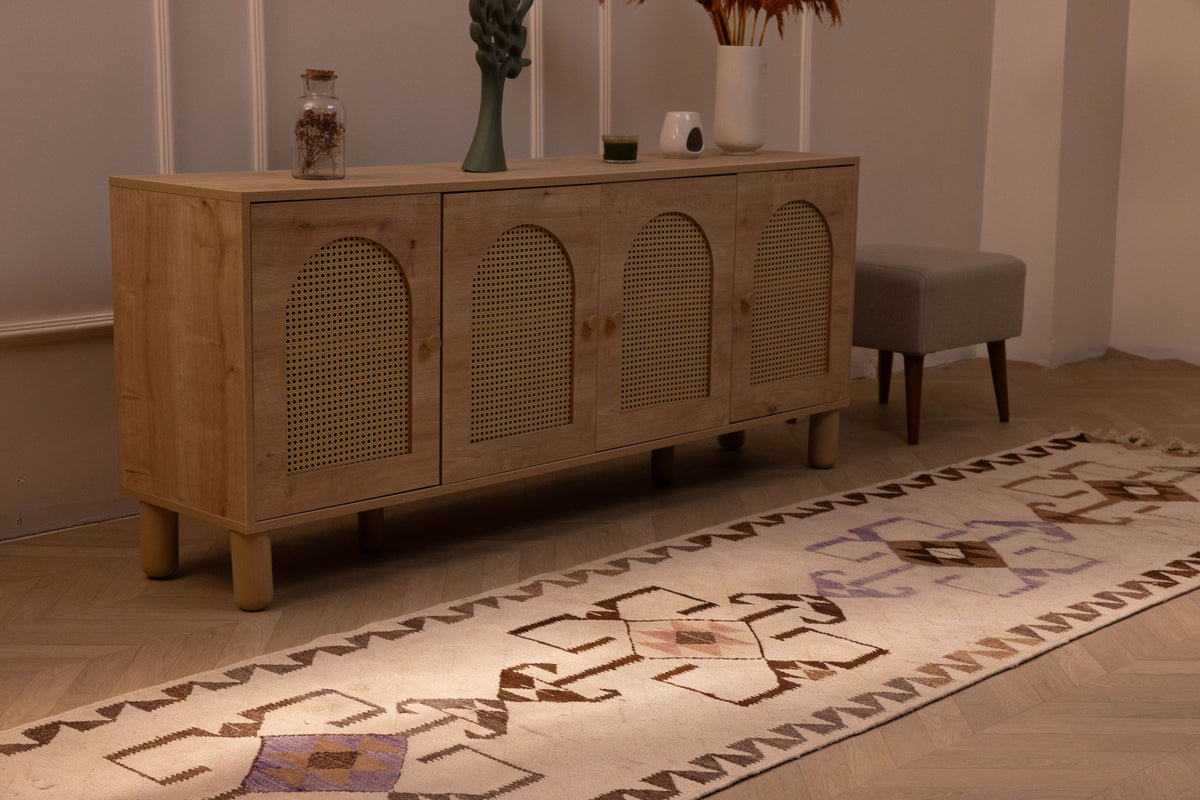 Handmade 3x11 ft Persian-style wool and cotton Kilim runner with white and brown geometric patterns in a farmhouse interior.
