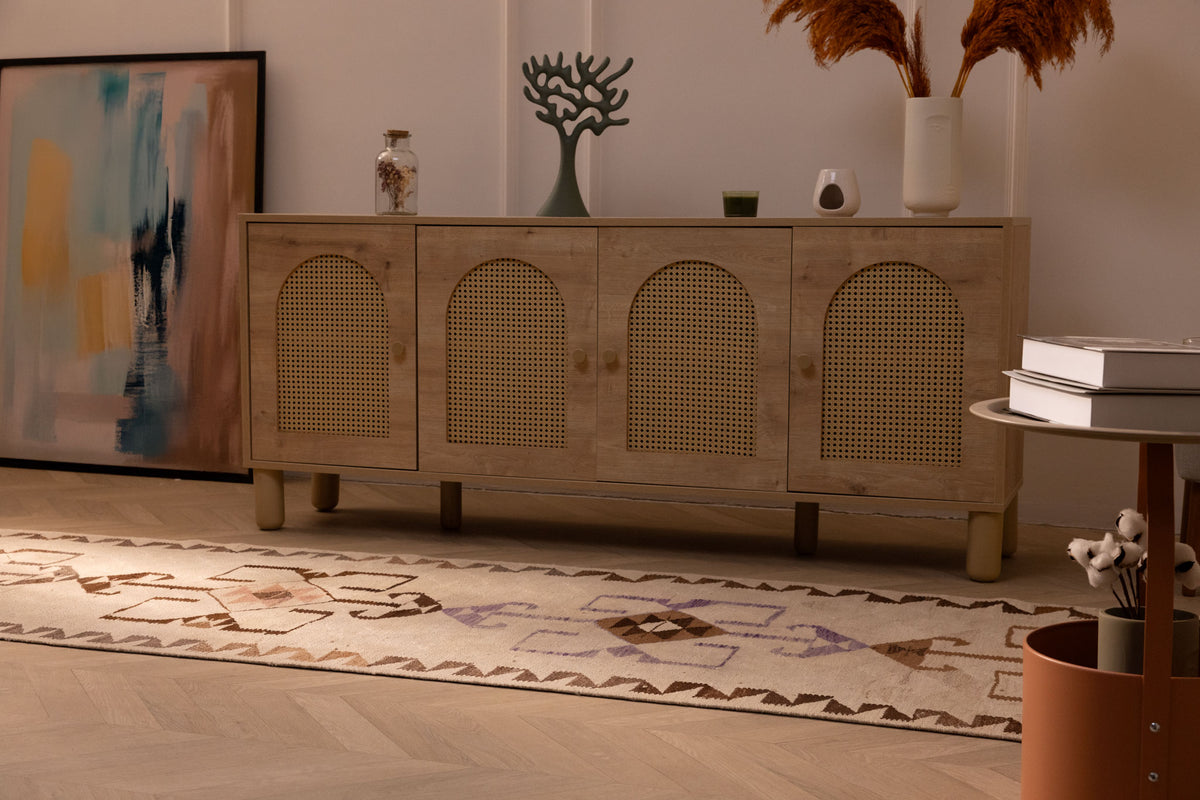 Handmade 3x11 ft Persian-style wool and cotton kilim runner with white and brown geometric patterns in a farmhouse interior.