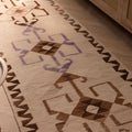 Handmade 3x11 ft Persian-style wool and cotton kilim runner with white and brown geometric patterns in a farmhouse setting.