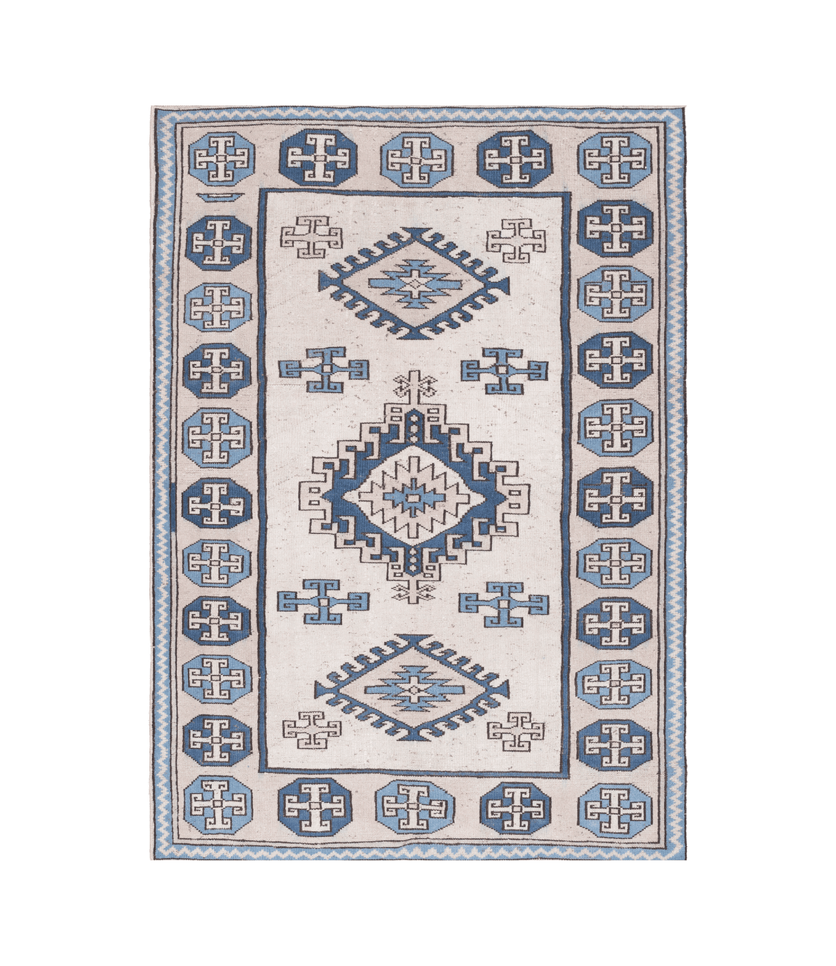 Vintage Niğde Turkish Area Rug 4x6 ft — Beige & Blue Geometric (No. 55391)