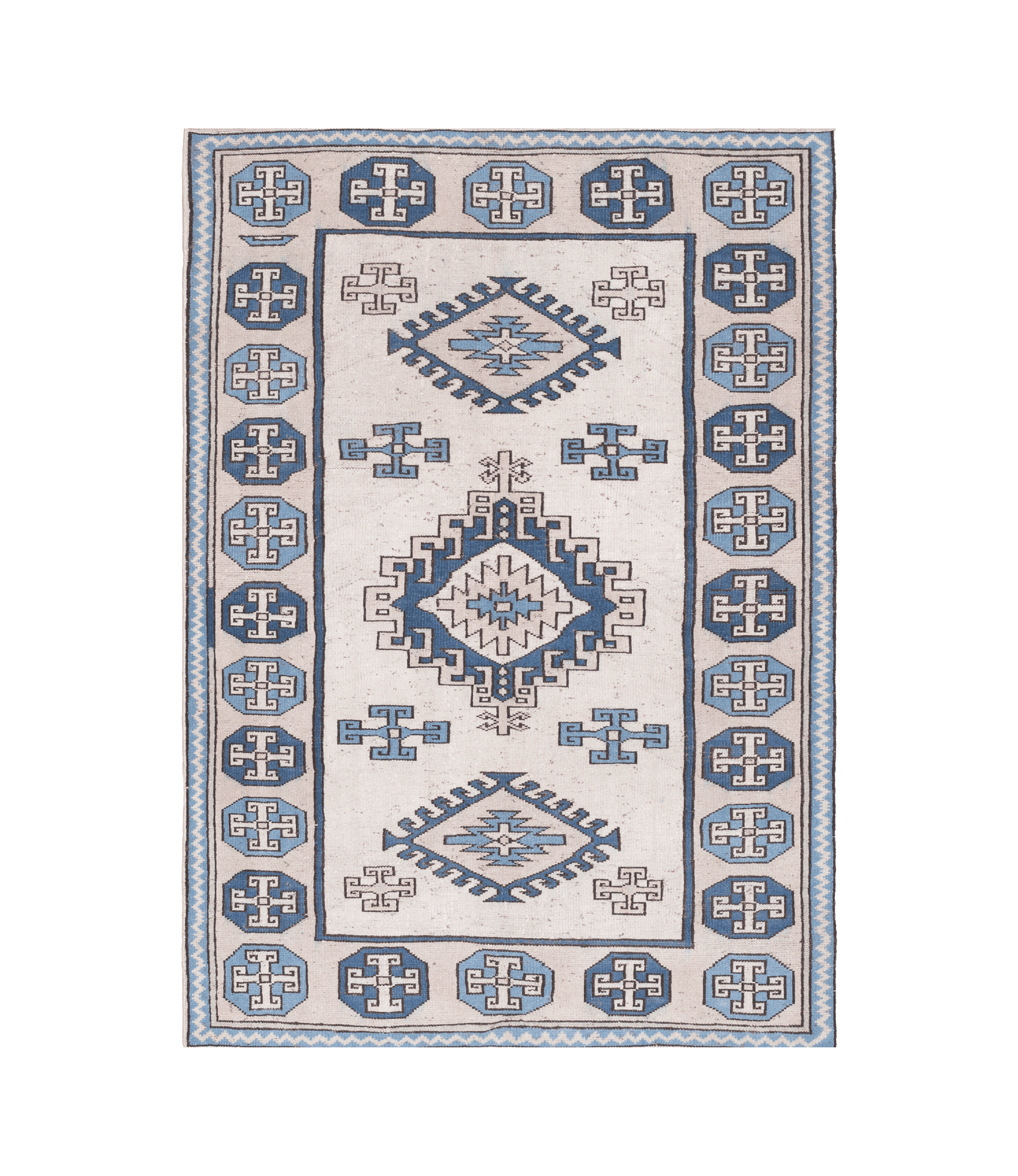 Vintage Niğde Turkish Area Rug 4x6 ft — Beige & Blue Geometric (No. 55391)