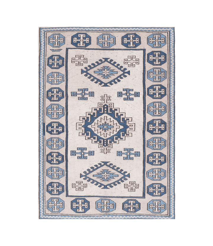 Vintage Niğde Turkish Area Rug 4x6 ft — Beige & Blue Geometric (No. 55391)