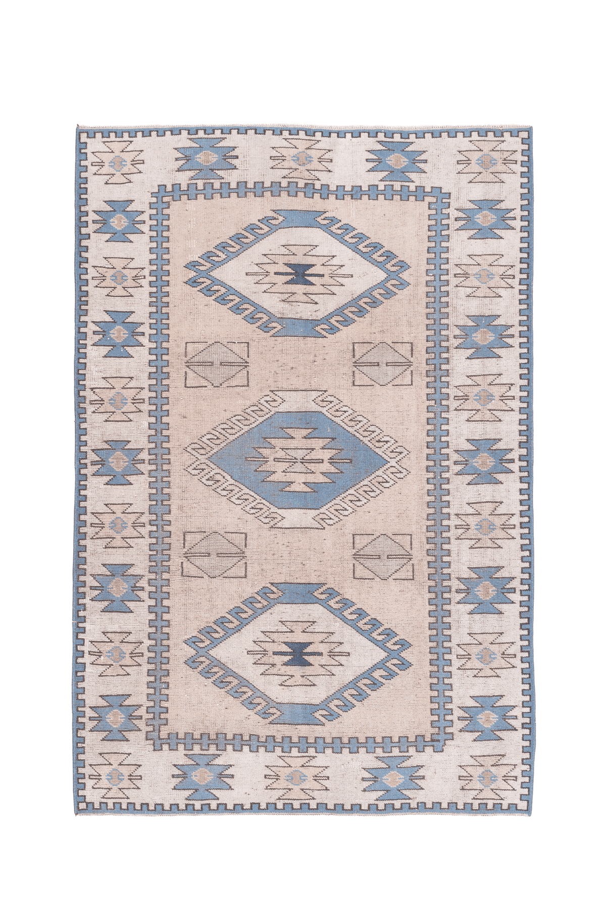 Vintage Niğde Turkish Area Rug 4x6 ft — Beige & Blue Geometric