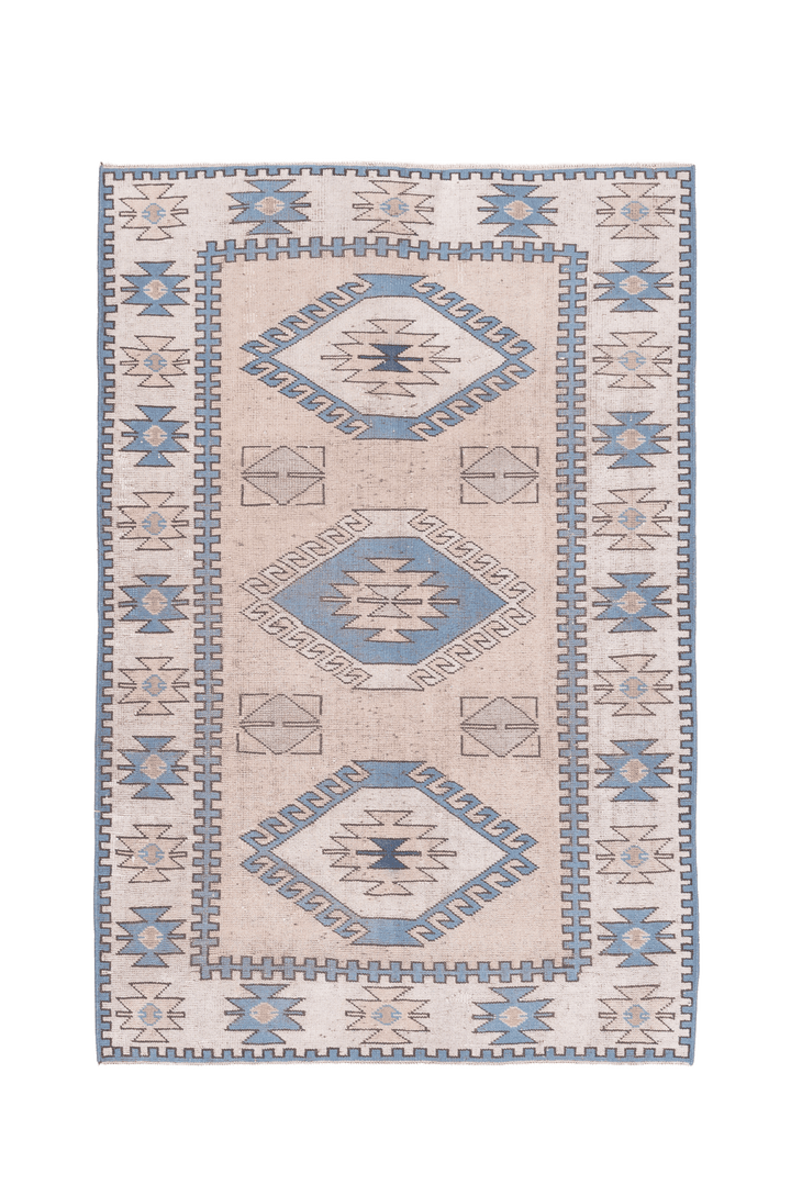 Vintage Niğde Turkish Area Rug 4x6 ft — Beige & Blue Geometric