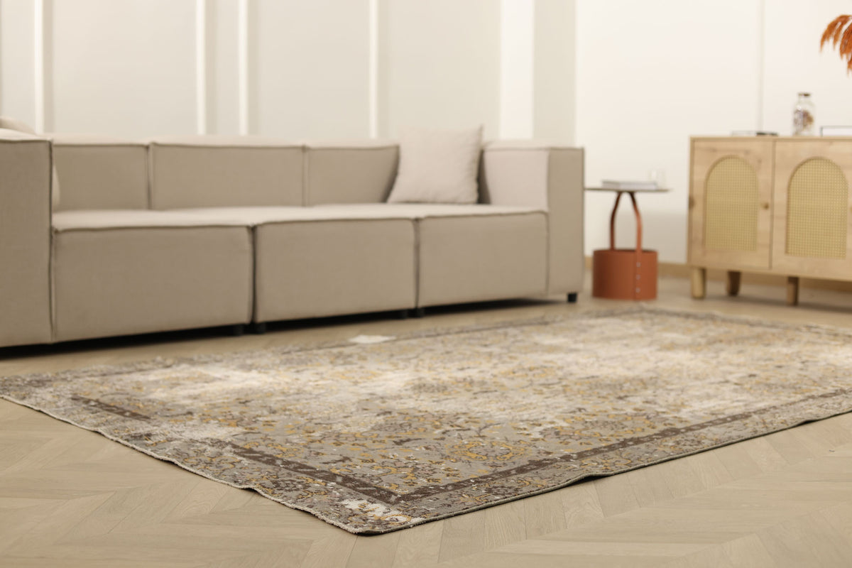 Vintage Isparta Turkish Area Rug 6x9 ft — Gray & Yellow Distressed