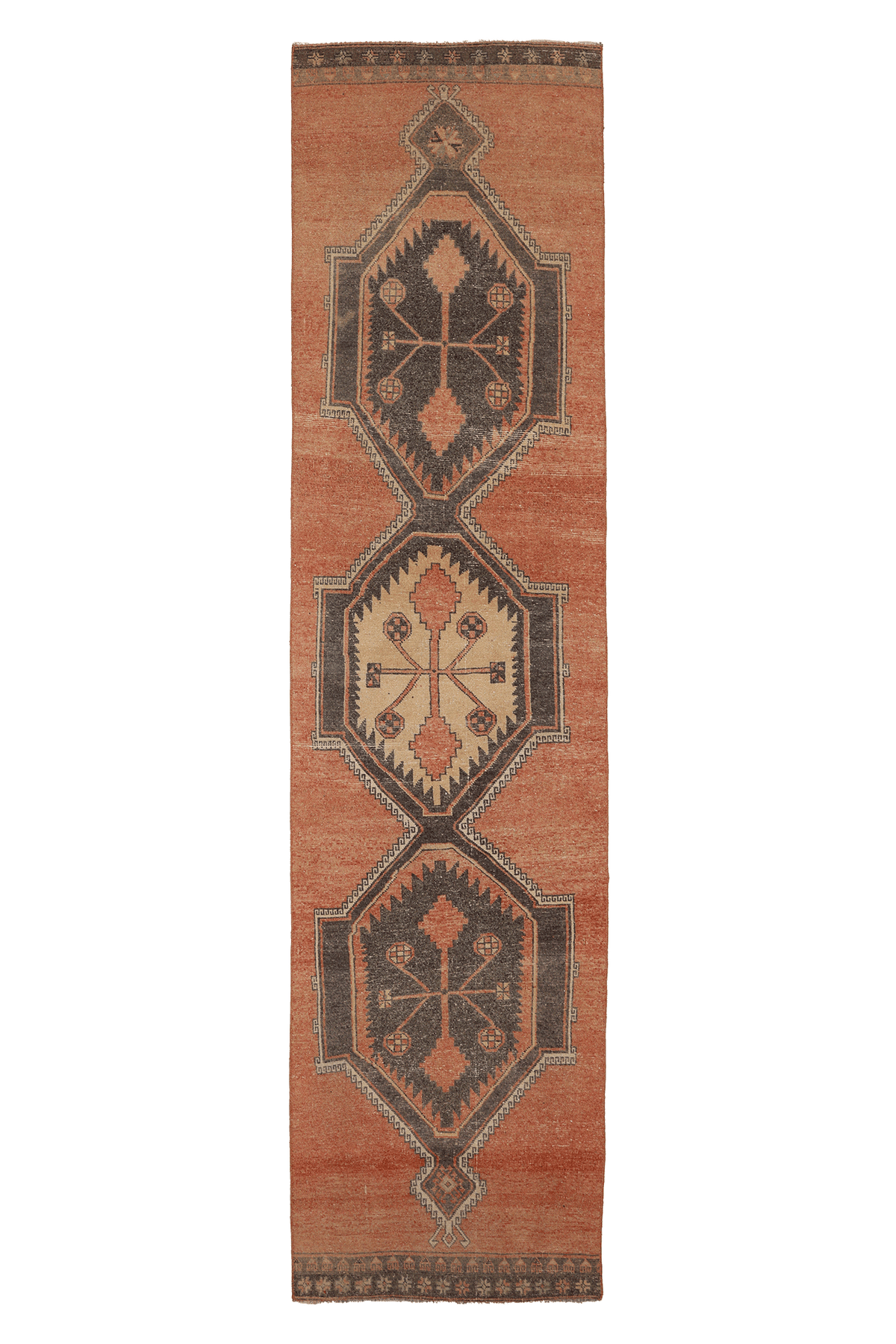 Vintage Malatya Turkish Runner Rug 3x12 ft — Orange & Brown Geometric