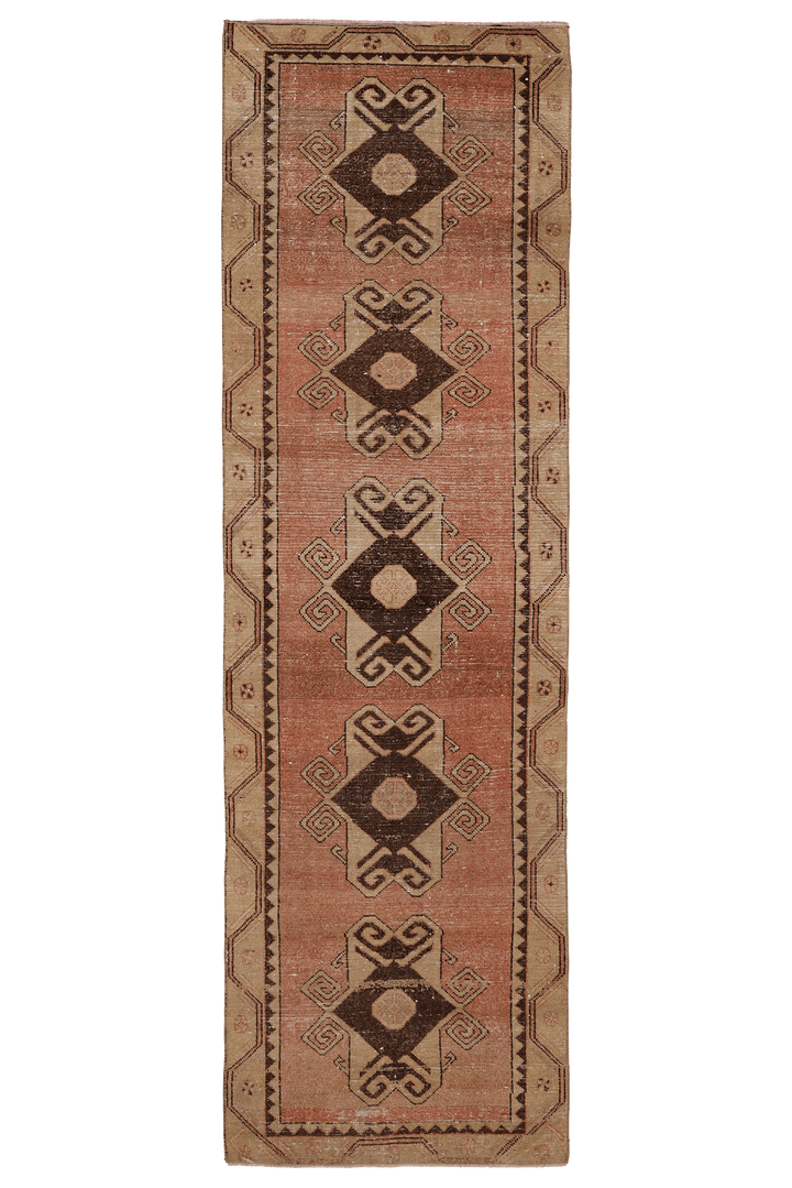 Vintage Malatya Turkish Runner Rug 3x11 ft — Brown & Beige Geometric