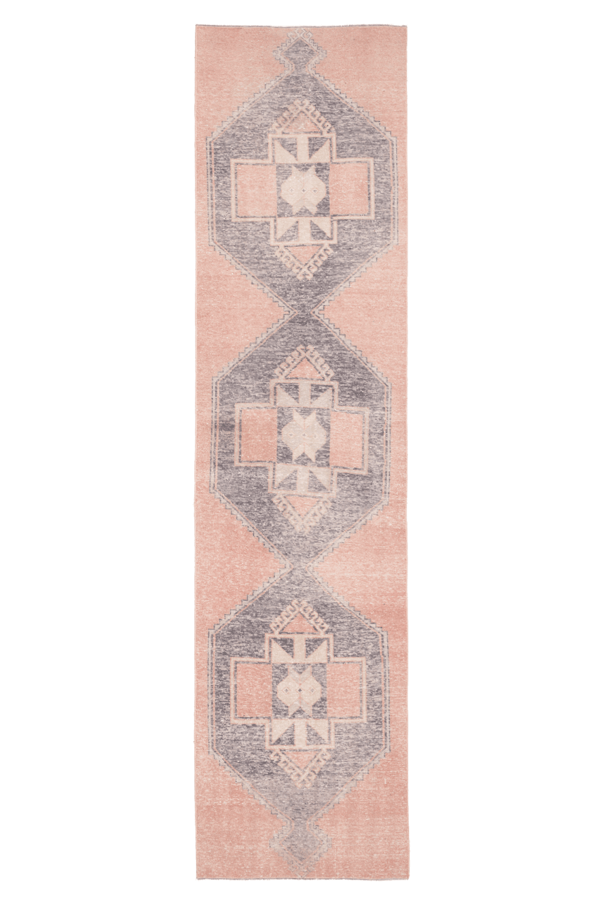 Vintage 2x11 ft hand-woven Turkish runner rug in orange and gray with geometric patterns and wool-cotton blend.