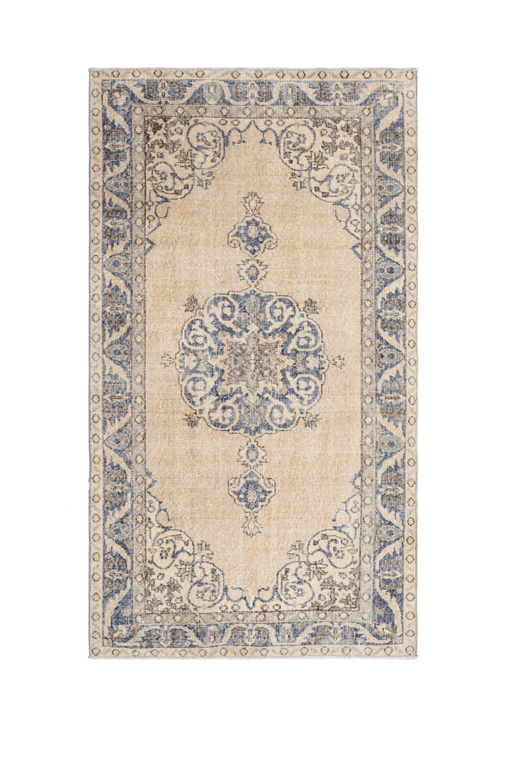Vintage Isparta Turkish Area Rug 3x6 ft — Beige & Blue Floral