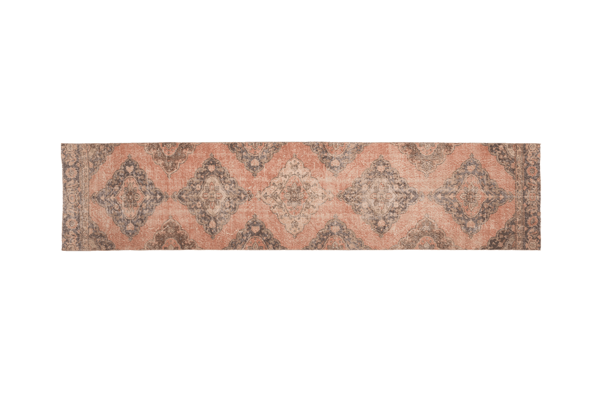 Vintage Konya runner rug in burnt orange with faded floral patterns, handmade from wool and cotton, 2.8 x 12.4 ft.