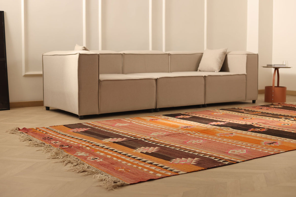 Vintage Sivas Turkish Kilim Runner Rug 7x12 ft — Brown & Orange Geometric