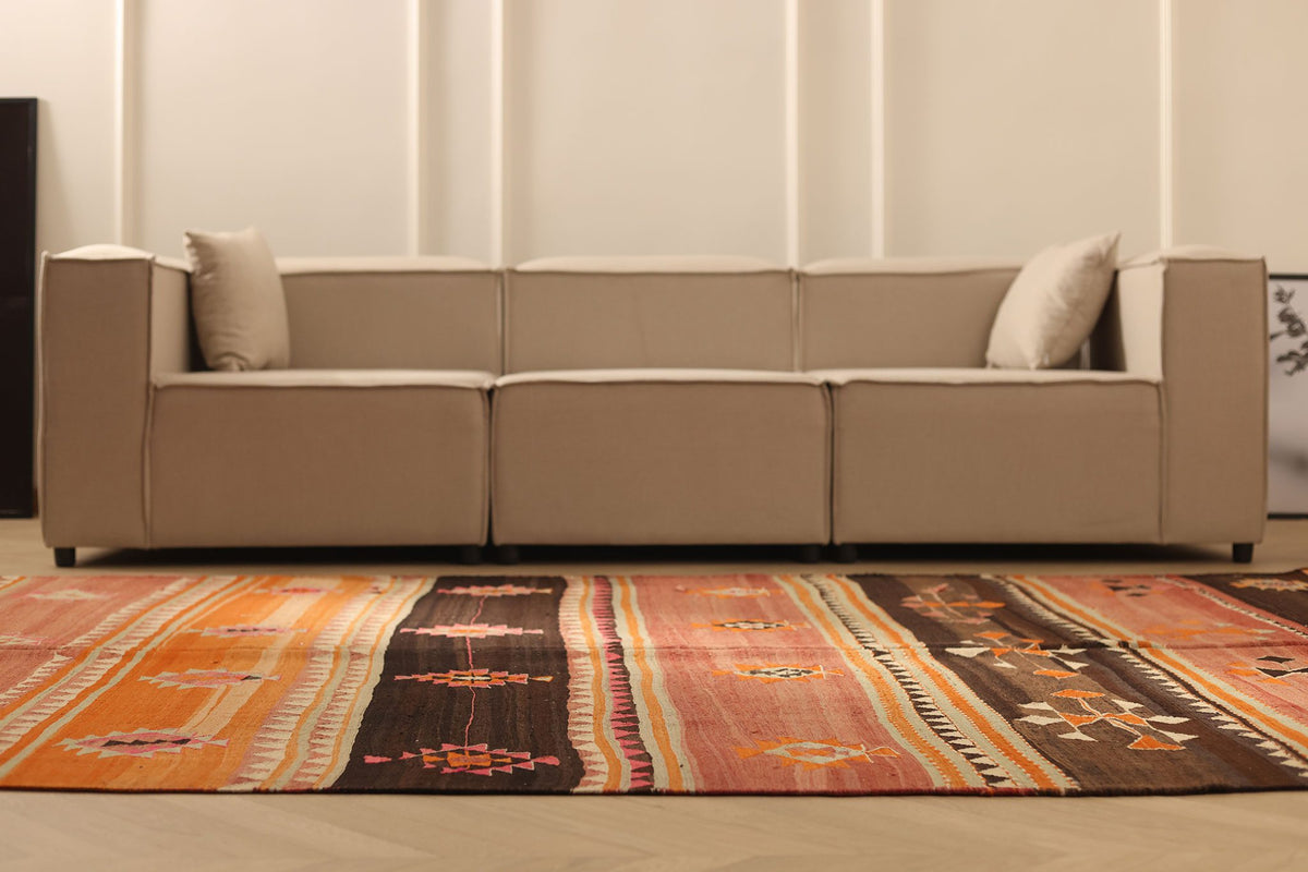 Vintage Sivas Turkish Kilim Runner Rug 7x12 ft — Brown & Orange Geometric