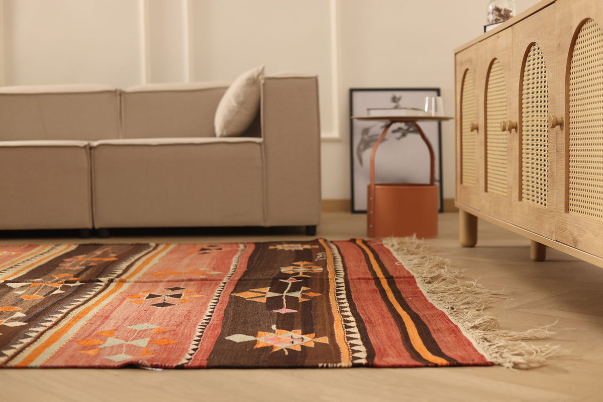 Vintage Sivas Turkish Kilim Runner Rug 7x12 ft — Brown & Orange Geometric