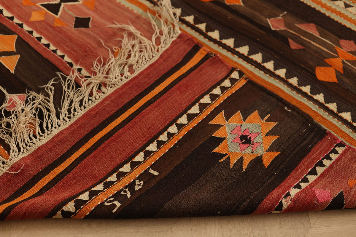 Vintage Sivas Turkish Kilim Runner Rug 7x12 ft — Brown & Orange Geometric