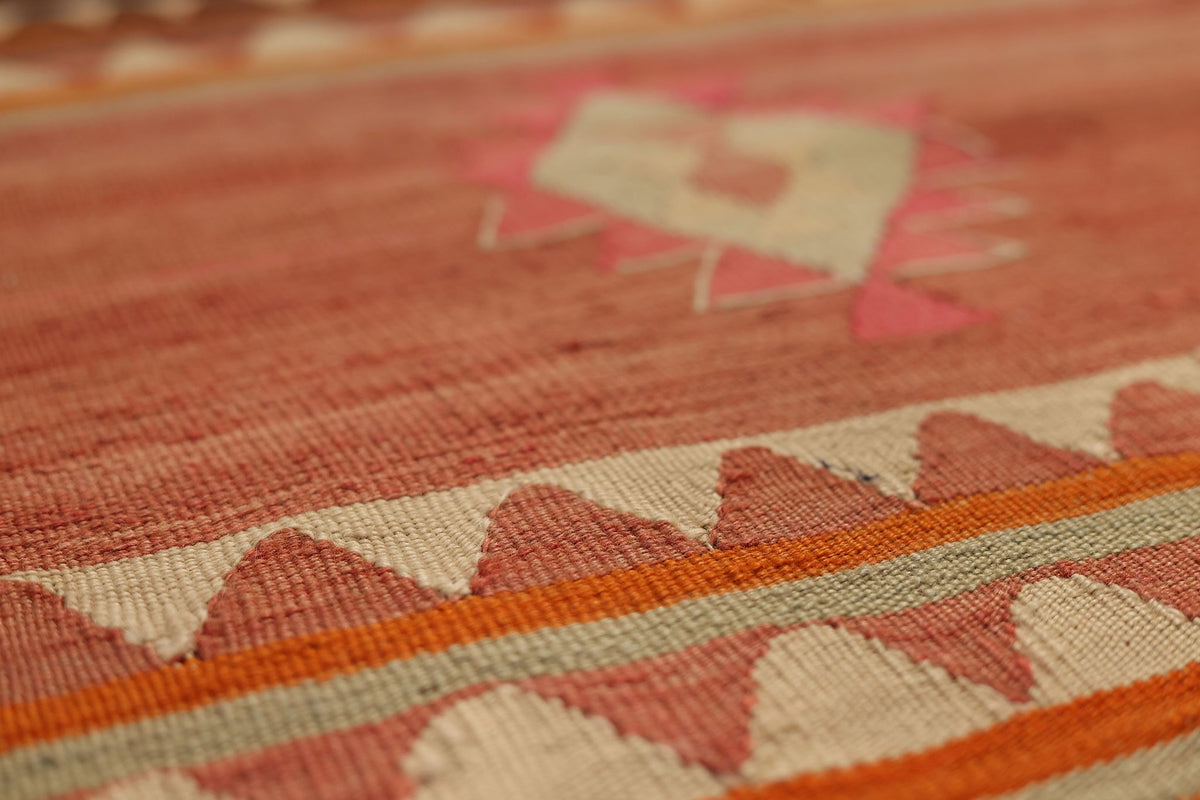 Vintage Sivas Turkish Kilim Runner Rug 7x12 ft — Brown & Orange Geometric