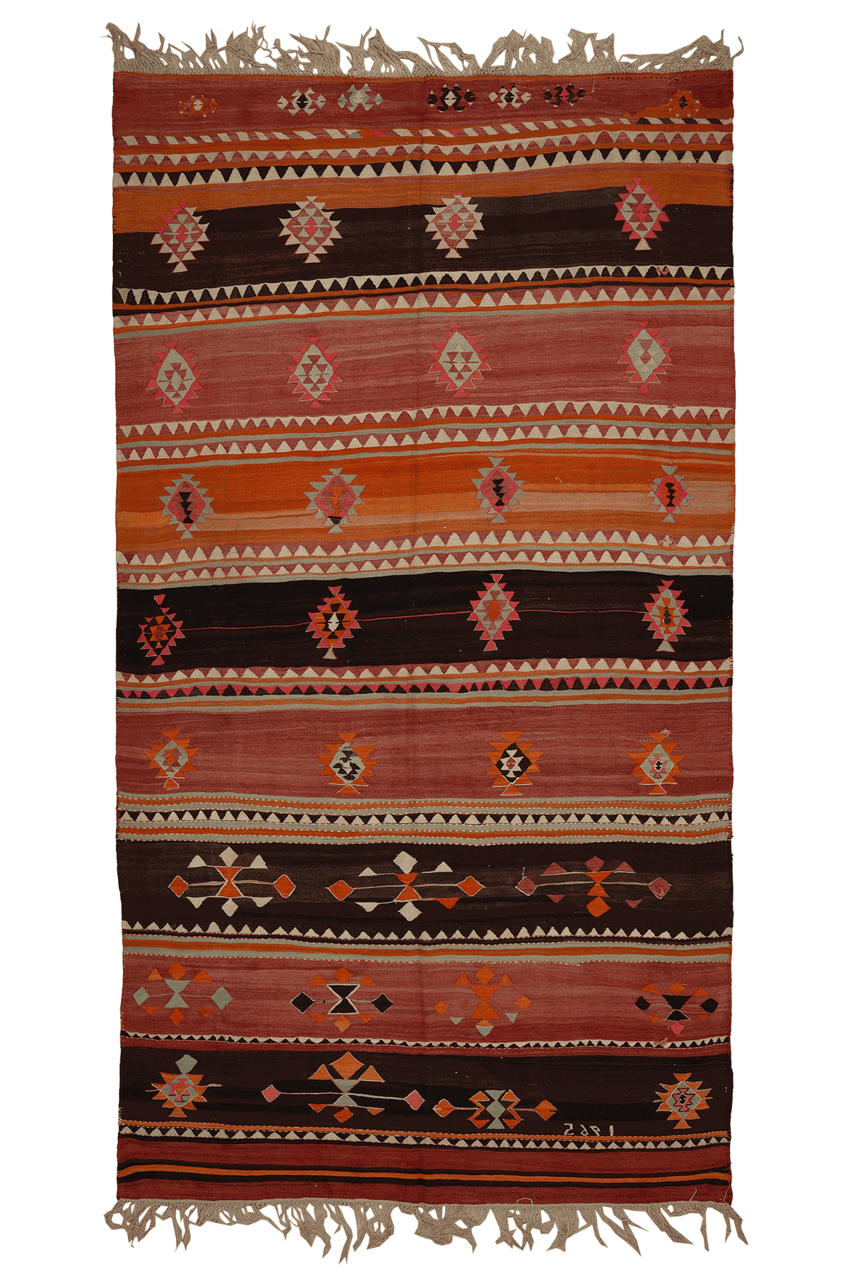 Vintage Sivas Turkish Kilim Runner Rug 7x12 ft — Brown & Orange Geometric